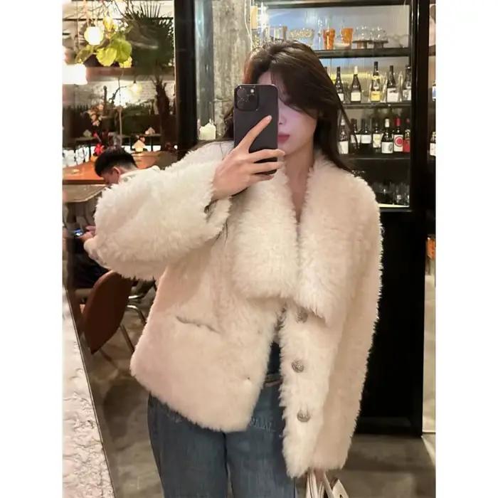 Manteau d'hiver en laine d'agneau pour femme – Manteau en fourrure épaisse de style court doux et paresseux pour femme