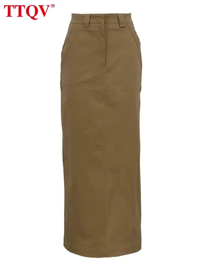 TTQV – jupe longue en coton kaki pour femme