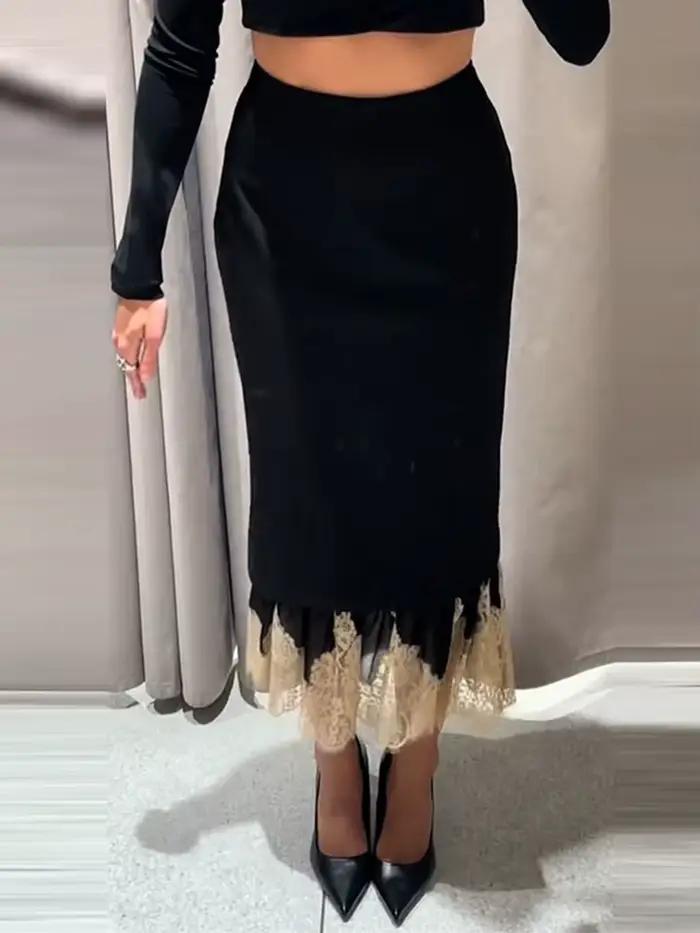 Jupe mi-longue noire pour femmes, ourlet en dentelle, ligne a, taille haute, Slim, printemps-automne, dîner, fêtes, correspondance quotidienne, 2026