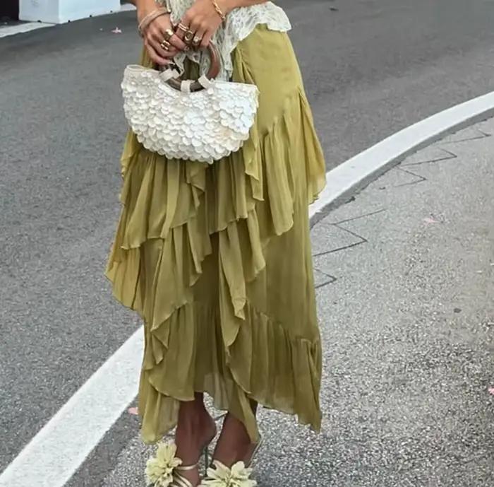 KONDALA Vintage plissé solide vert élégant femme jupes longues mode 2025 été a-ligne taille élastique plis Chic Mujer