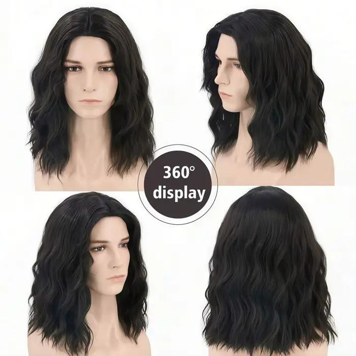 Perruque longue bouclée noire pour homme, style classique et tendance, perruque en fibre synthétique noire, style rock adapté à un usage quotidien