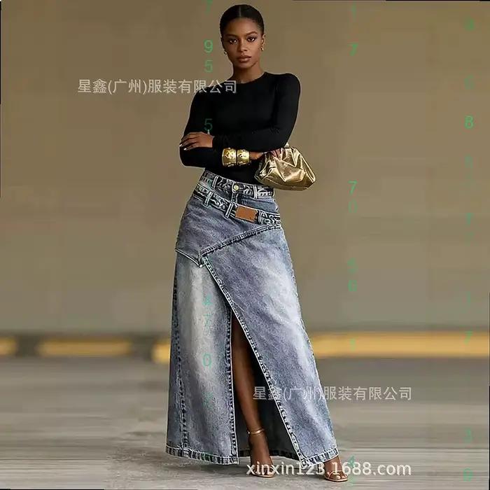 Jupe en jean taille haute à fente irrégulière