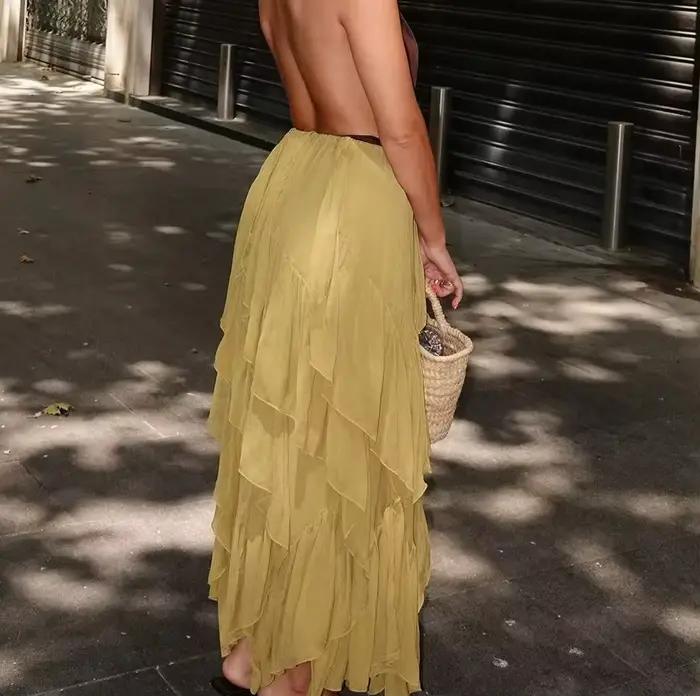 KONDALA Vintage plissé solide vert élégant femme jupes longues mode 2025 été a-ligne taille élastique plis Chic Mujer