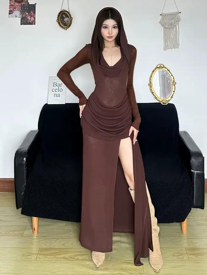 Robe longue à capuche pour femmes, vêtement grunge, couleur brun, style streetwear, silhouette asymétrique, haut de qualité, pour soirées et concerts