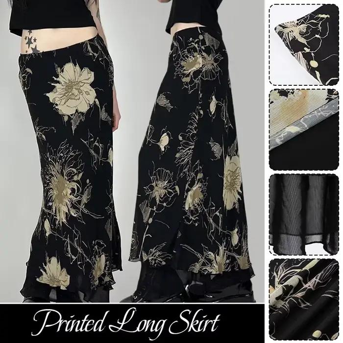 Jupe longue en maille double couche avec motif floral pour style gothique Y2K femmes été cheville tricot ajustée silhouette trompette sirène