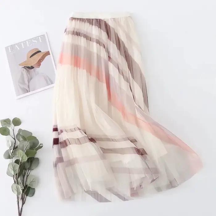Jupe plissée à rayures et imprimé Patchwork