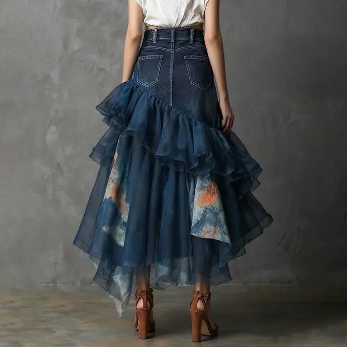 Jupe longue asymétrique en jean patchwork à volants taille haute avec superposition de tulle transparent pour femme – Tenues de mode féminines