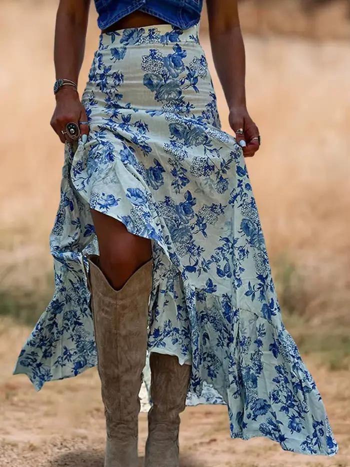 Jupe longue florale blanche et bleue pour femme
