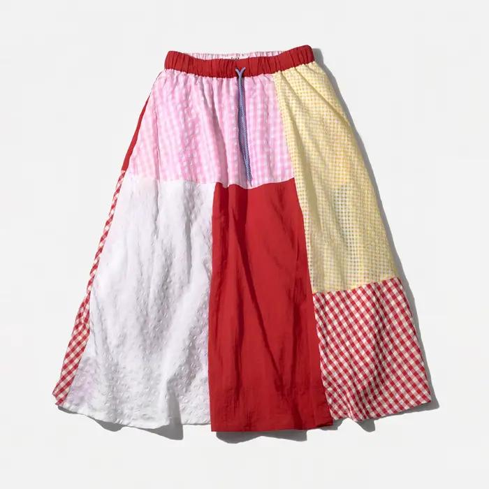 Jupe mi-longue patchwork à carreaux pour femme par imakokoni, jupe mi-longue originale d'été à fleurs en relief en forme de A 265529