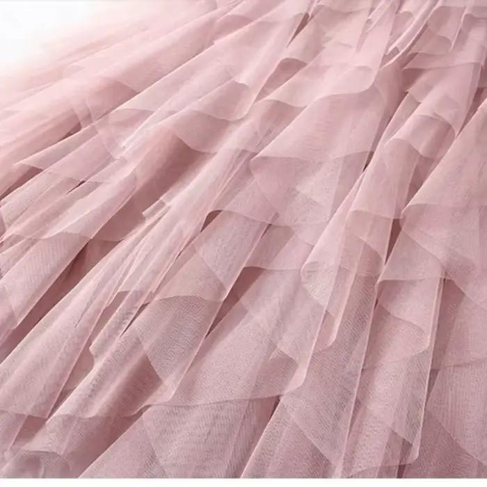Jupe longue plissée évasée en tulle et gaze à taille haute élastique pour femme