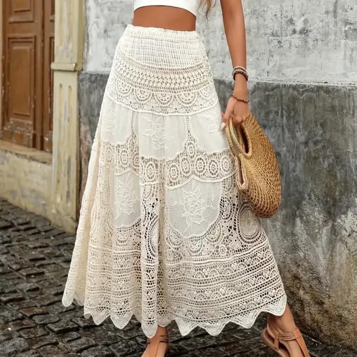 Yiiciovy été dentelle fleur jupes de plage femmes a-ligne Maxi jupe longue Crochet Boho