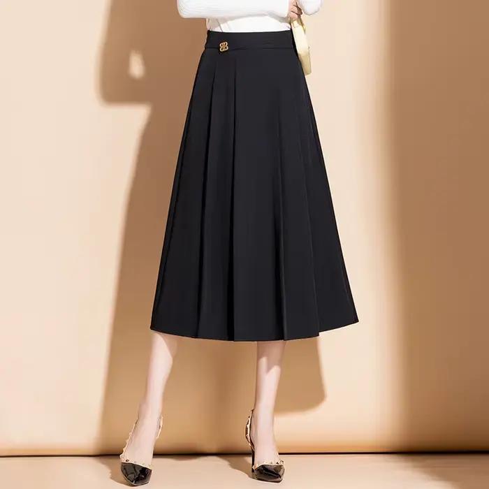 ZUZK femmes solide OL jupes nouveau printemps automne élastique taille haute femme élégante a-ligne mi-longue jupe noire Saia Preta