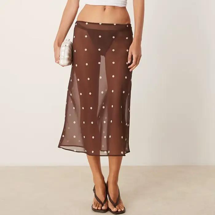 Hirigin femmes à pois pure jupe Midi Sexy voir à travers taille basse