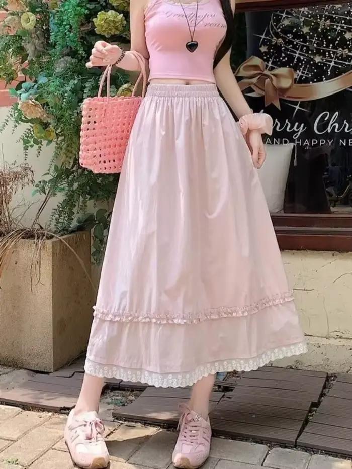 Jupe longue taille haute style coréen pour femme été 2026 jaune avec dentelle douce coupe parapluie élastique large pour toutes les occasions élégante à offrir