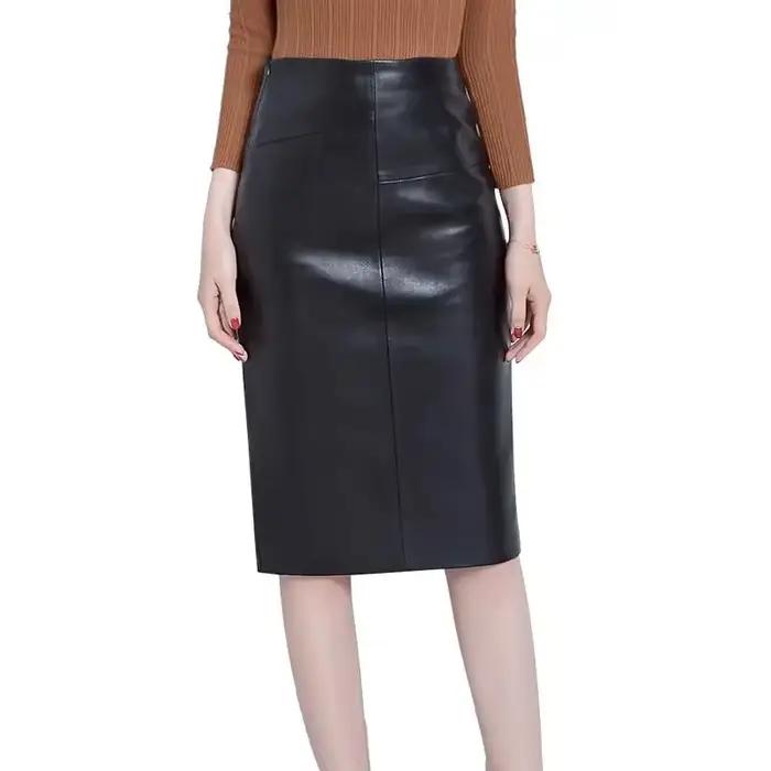 Jupe mi-longue en peau de mouton pour femme