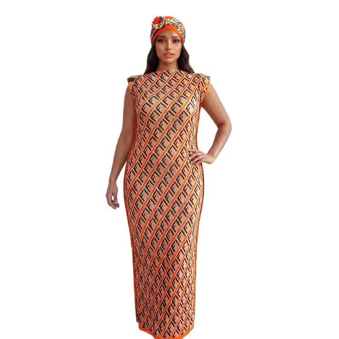 Robe longue africaine avec écharpe, style streetwear, motif géométrique, polyester, sans manches, longueur cheville, décolleté rond, adaptable pour femmes occasions spéciales