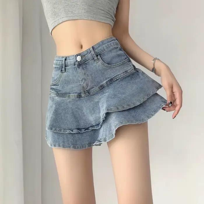 Jupe mini taille haute en jean pour femme