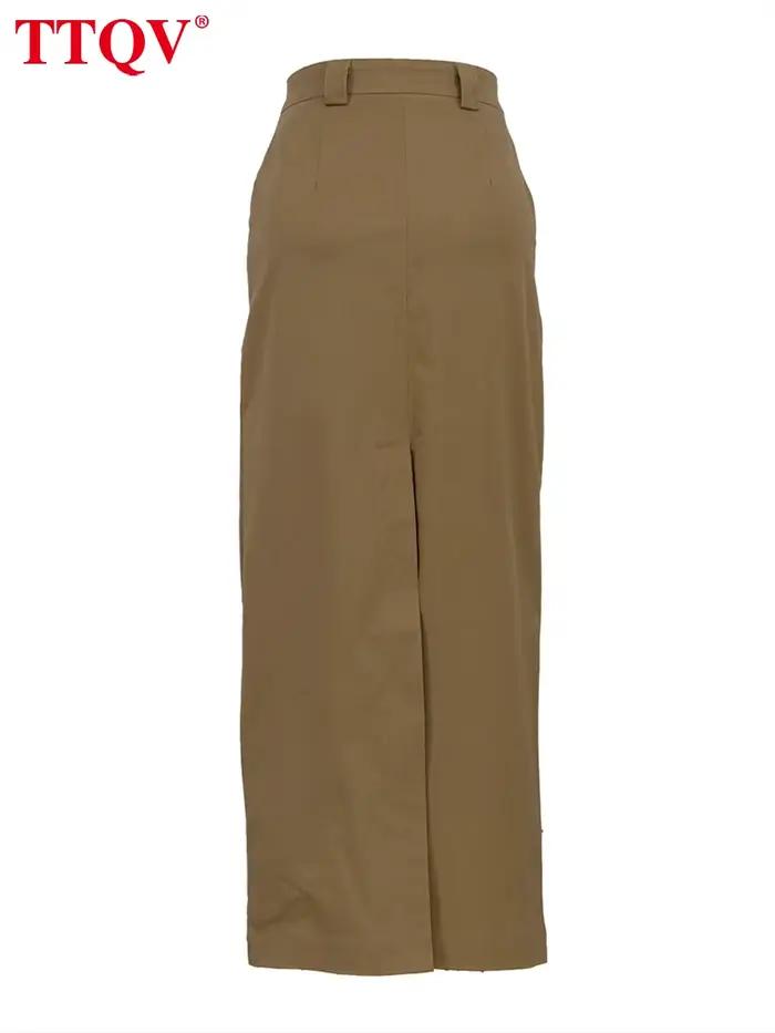 TTQV – jupe longue en coton kaki pour femme
