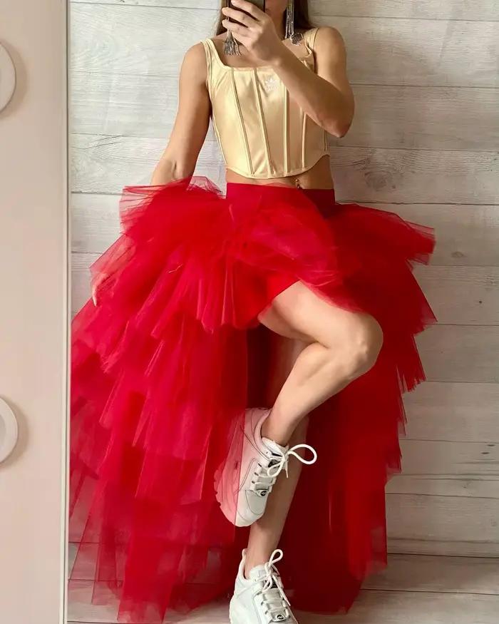 Femmes haut bas Tutu jupes mignon taille élastique Tulle couches à volants maille une ligne longue jupe à plusieurs