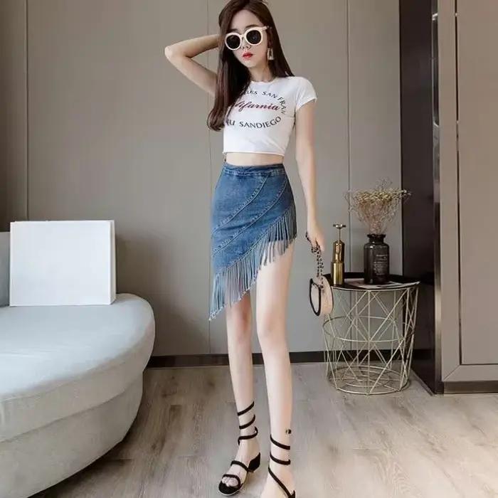 Frange Gyaru courte bleu Wrap femmes jupe en jean serré Coquette Mini Sexy femme