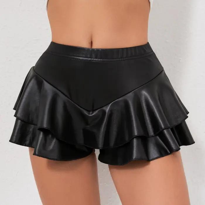 Jupes-shorts à volants en simili cuir pour femmes