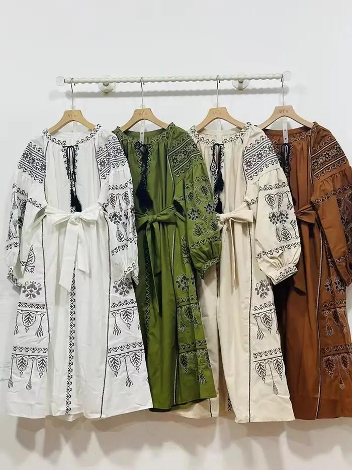 Robe Vintage de Style ethnique pour femmes, manches longues, Slim, ligne a, style Boho, en coton et lin, élégante, brodée, printemps automne
