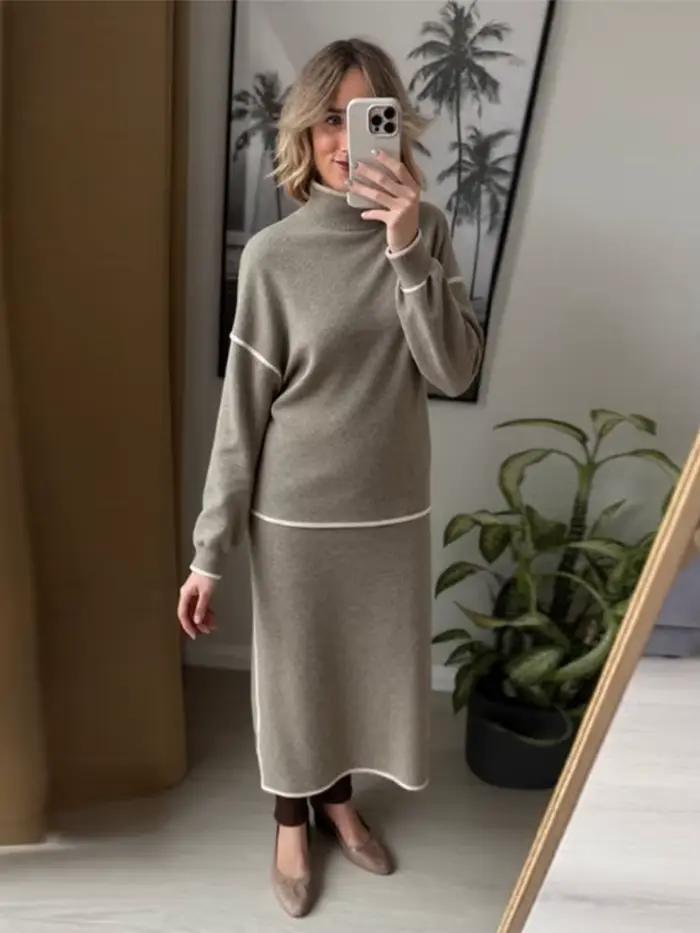 Ensemble pull Chic à col roulé et jupe longue pour femme