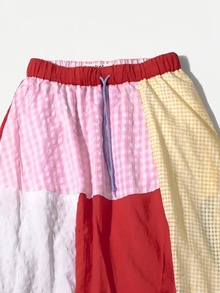 Jupe mi-longue patchwork à carreaux pour femme par imakokoni, jupe mi-longue originale d'été à fleurs en relief en forme de A 265529