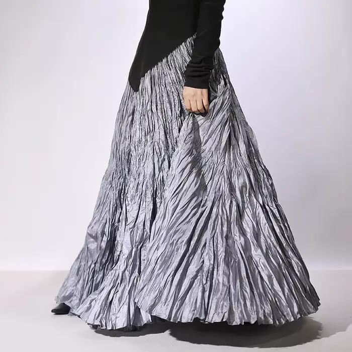 Jupe longue plissée fluide taille haute style flamant rose pour femme 2026