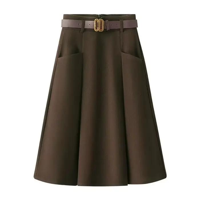 Femmes mode laine mi-longue jupes 2025 dame a-ligne grand parapluie jupe printemps automne Femme taille haute plissée