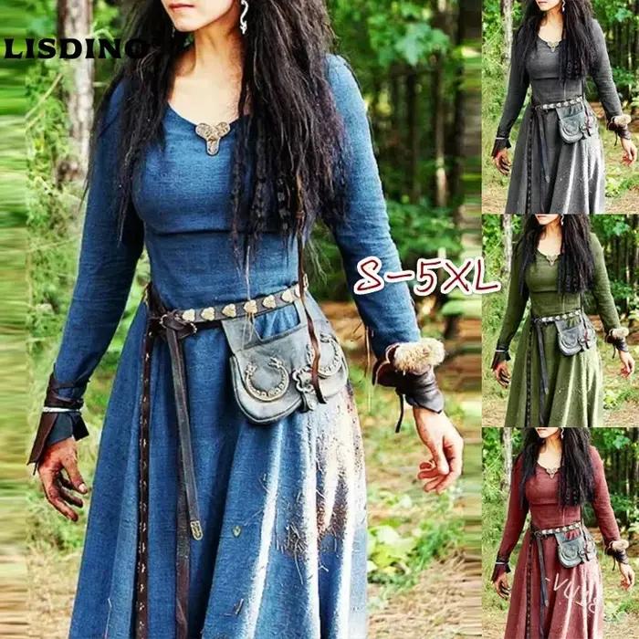 Robe féérique elfique celtique vintage gothique viking printemps automne cosplay femmes haute élasticité coton traditionnelle fantastique