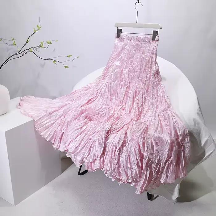 Jupe longue plissée fluide taille haute style flamant rose pour femme 2026