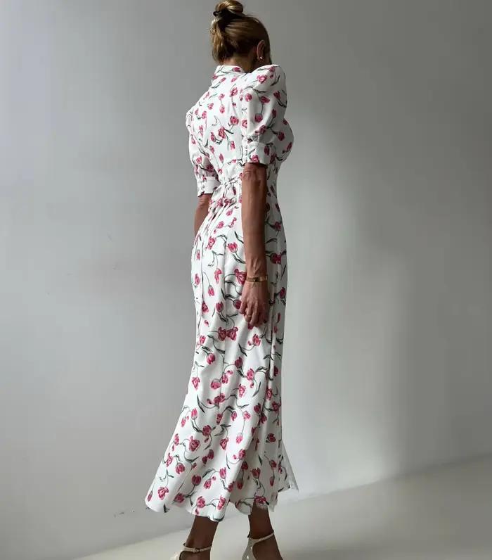 Robe longue en dentelle à imprimé élégant pour femmes, robe de soirée à manches courtes, taille haute, ajustée, pour le travail, robe longue pour femmes, polyester, coupe une ligne, décolleté polo, légèrement extensible ```