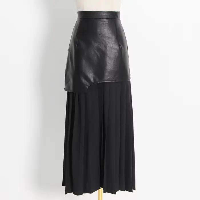 Nouvelle jupe plissée color-block avec inserts en cuir pour femme