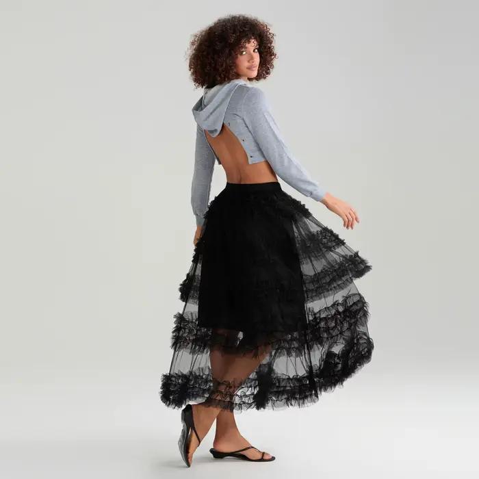 Jupe trapèze haute en tulle pour femme, maille légère et extensible, volants multilignes, été et printemps, élégance et confort