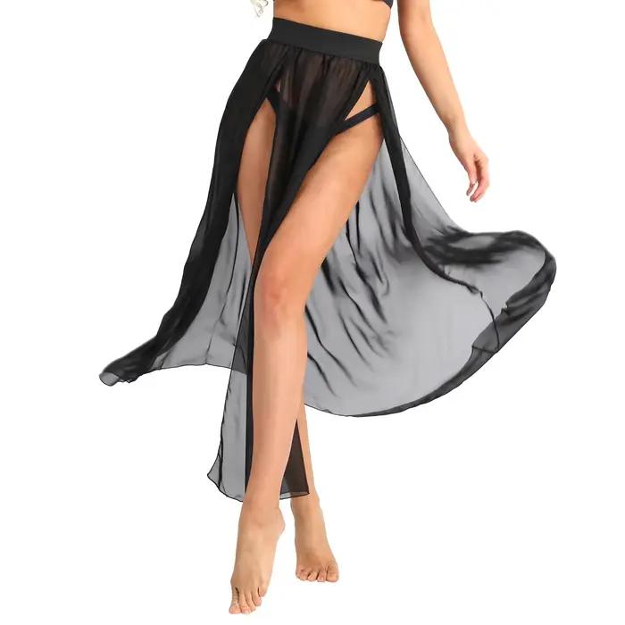 Femmes sexy pure voir à travers les jupes maxi en mousseline de soie haute fente fluide jupe longue transparente bikini couvrir bas piscine fête club