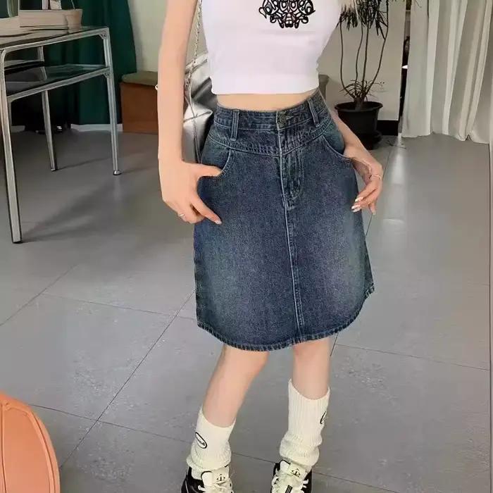 Jupe mi-longue en jean bleu taille haute pour femme