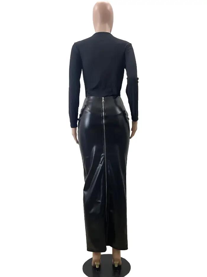 Jupe mi-longue en PU pour femme