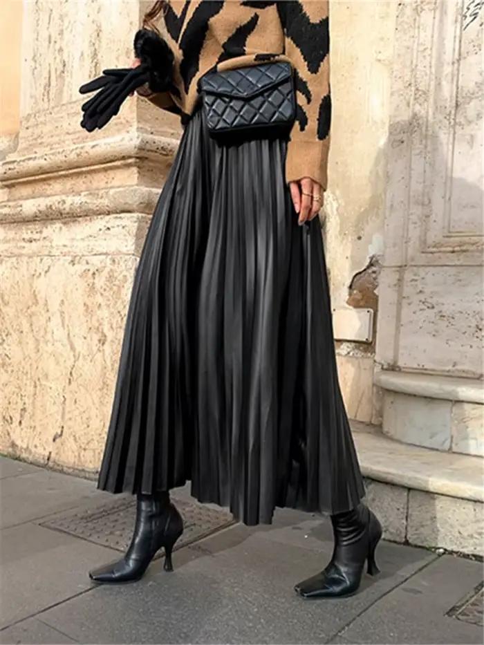 Jupe plissée en cuir PU noir pour femmes