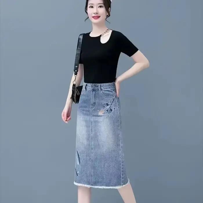 Jupes en jean femme taille haute bleu jupe