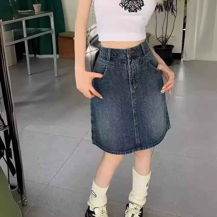 Jupe mi-longue en jean bleu taille haute pour femme