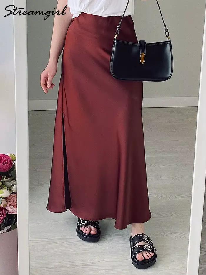 Jupe Longue Fendue en Satin Noir pour Femme Élégante Ligne A Bureau Printemps Été Occasions Spéciales Taille Empire Style Décontracté