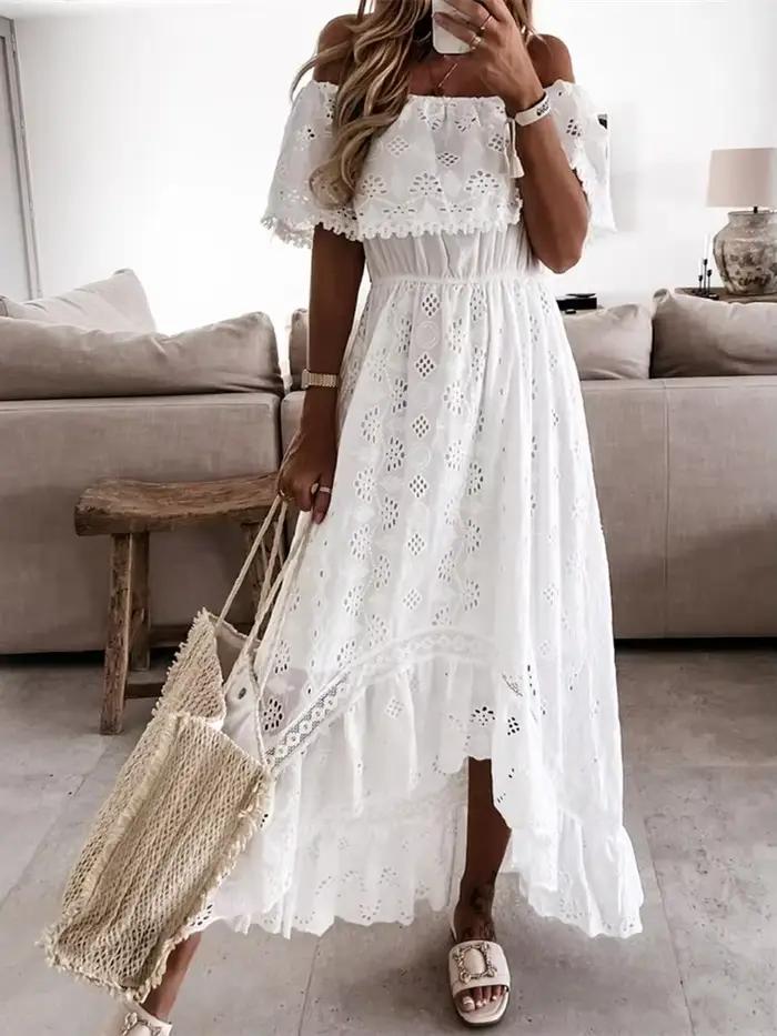 Robe longue en dentelle blanche style bohème pour femmes