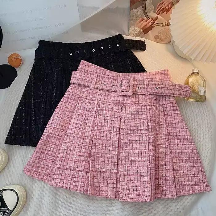 Jupe trapèze en tweed rose pour femme