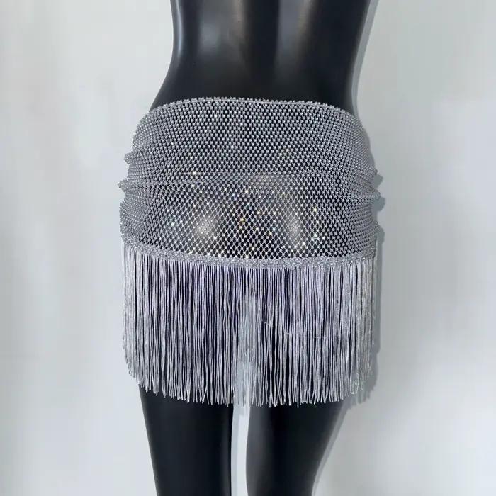 Mini jupe à franges en strass brillant pour femmes
