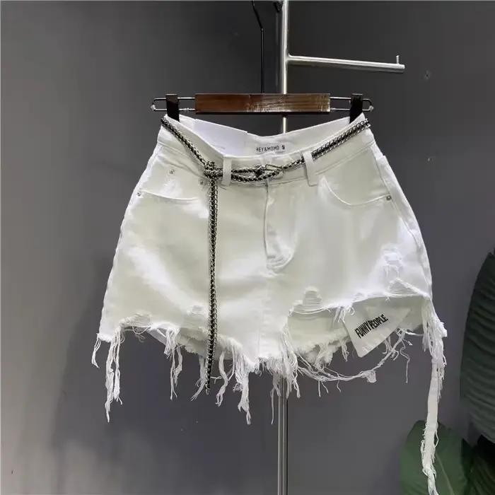 Jupe courte en jean irrégulier brut blanc coréen pour femme