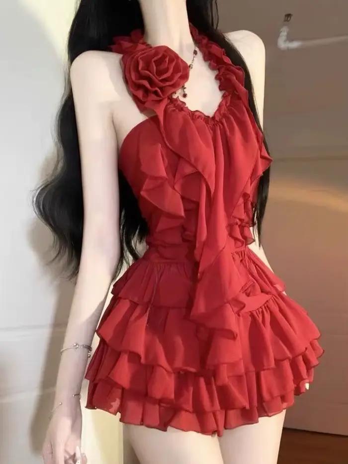 Sexy à volants coupe ajustée licou femmes hauts Mini jupe 2 pièces ensemble fille chaude Style Design mode Chic fête soirée nouveau