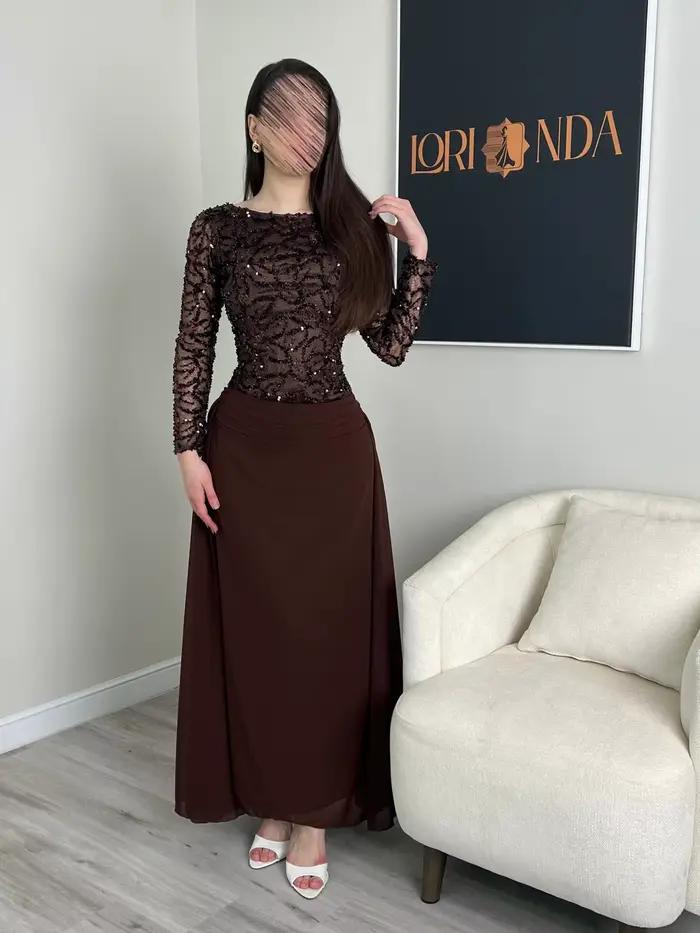 Nouvelle Arrivée 2026 Jupe Longue Femme Taille Haute Coupe Trapèze Élégante en Satin et Mousseline pour Soirée Marron
