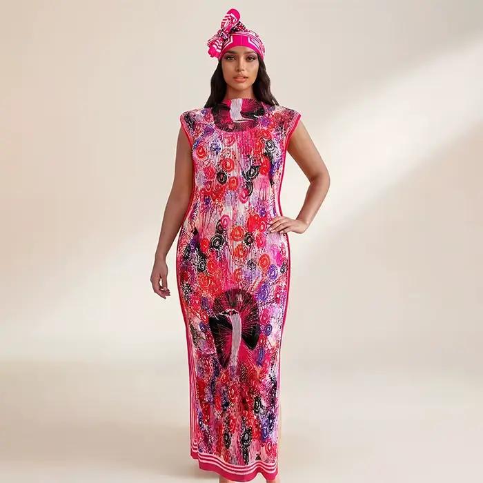 Robe longue africaine avec écharpe, style streetwear, motif géométrique, polyester, sans manches, longueur cheville, décolleté rond, adaptable pour femmes occasions spéciales