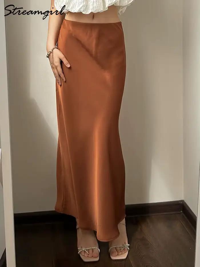 Jupe Longue Fendue en Satin Noir pour Femme Élégante Ligne A Bureau Printemps Été Occasions Spéciales Taille Empire Style Décontracté